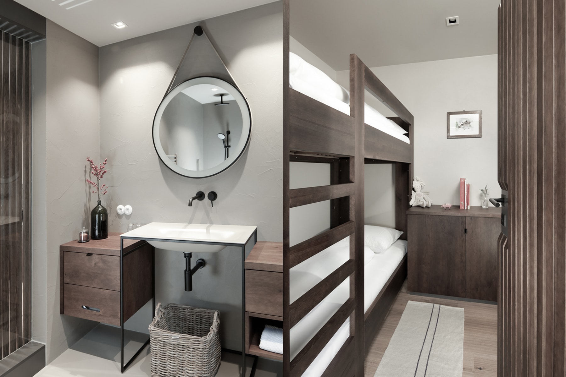 A modern bathroom with a clean, minimalist design featuring a round mirror, a sleek vanity, and a bunk bed integrated into the space, blending functionality with style.